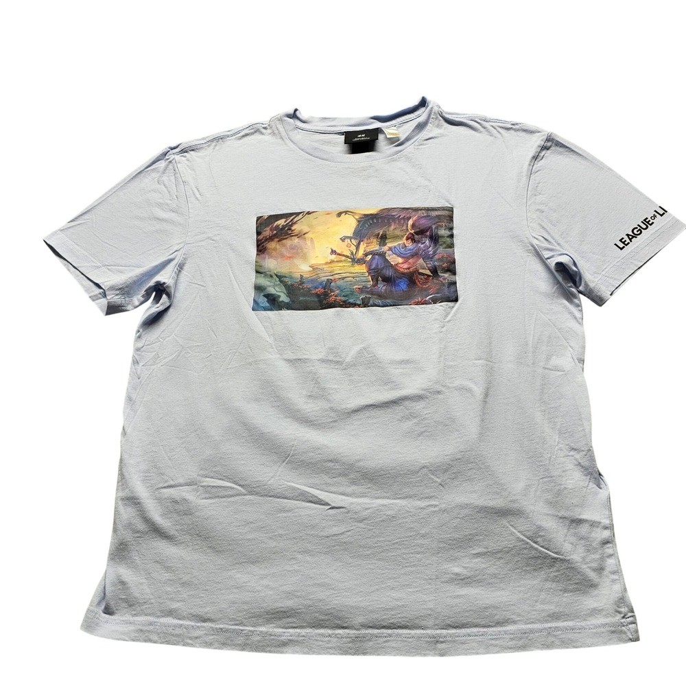 League of Legends H&M Graphic Tee Men M Light Blue Riot Games Yasuo Gaming Shirt